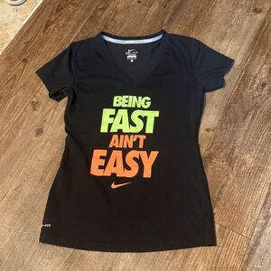 Women's Nike Running Dri Fit Fast or Last Gray Orange Vneck T Shirt